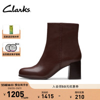 Clarks其乐Keirsta系列秋冬女款粗高跟时髦牛皮通勤短靴 棕色 261800384 38