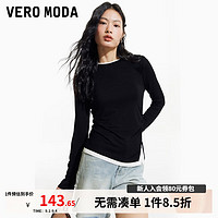 VEROMODA【时髦长袖T系列】T恤女2024秋季女装简约长袖上衣旷野美拉德 假两件T恤-黑色 165/84A/M