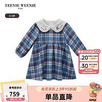 Teenie Weenie Kids小熊童装24秋季女宝蕾丝边翻领格纹连衣裙 蓝色 100cm