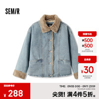 森马（Semir）牛仔棉服女拼接毛领美式复古2024冬宽松毛边夹克街头潮流 牛仔