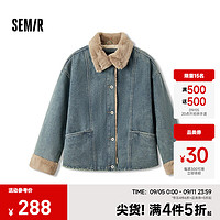 森马（Semir）牛仔棉服女拼接毛领美式复古2024冬宽松毛边夹克街头潮流 牛仔黄泥染80325 XS 150/76A