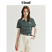 ELAND衣恋T恤女POLO领翻领撞色条纹棉感舒适短袖上衣2024夏季 猎人绿(62)Hunter L/170