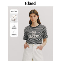 ELANDEland衣恋条纹T恤女圆领宽松黑白条纹纯棉短袖上衣2024夏季 深灰色(17)D/Grey L/170