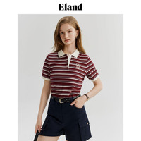 ELAND衣恋T恤女POLO领翻领撞色条纹棉感舒适短袖上衣2024夏季 梅红色(29)Burgandy S/160