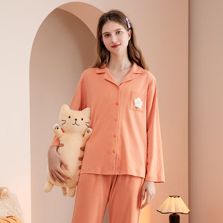 芬腾睡衣女【100%纯棉】秋季翻领开衫长袖时尚简约家居服套装 橙色