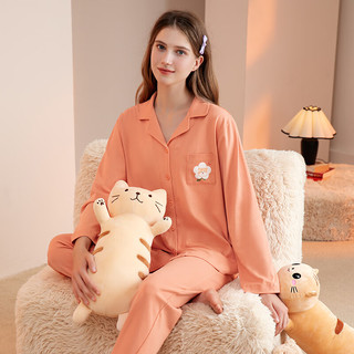 芬腾睡衣女【100%纯棉】秋季翻领开衫长袖时尚简约家居服套装 橙色