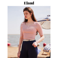 ELAND衣恋T恤女圆领修身条纹中袖棉t上衣学院风基础款夏 红色(20)Red L/170