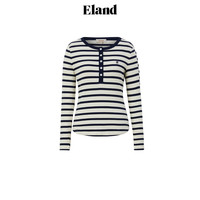 ELAND条纹T恤女百搭风罗纹弹力长袖棉感舒适条纹上衣 象牙白/白色(39)Ivory M/165