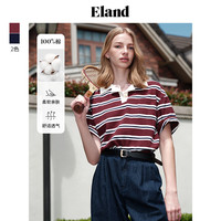 ELAND衣恋短袖T恤女撞色POLO领宽松棉感直筒短款上衣2024夏季 酒红色/勃垦地色(29)Burgandy L/170