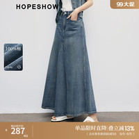 红袖别致独特半身裙秋季2024女装100%棉水洗A字中高腰显瘦牛仔裙 牛仔蓝071 XL