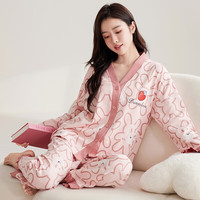 婧麒(JOYNCLEON)家居服春秋长袖长裤开衫套装宽松休闲舒适睡衣外出 草莓兔兔Jsy151056 XL码