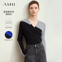 AMII2024秋V领撞色拼接远红外发热保温毛衣女修身显瘦12423104 黑色 155/80A/S