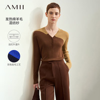 AMII2024秋V领撞色拼接远红外发热保温毛衣女修身显瘦12423104 咖色 160/84A/M