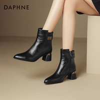 达芙妮（DAPHNE）气质短筒时装靴女靴子时尚金属饰扣尖头粗跟瘦瘦靴百搭通勤短靴女 黑色单里 38