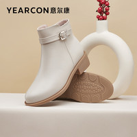 意尔康女鞋 时尚短靴女冬季牛皮简约侧拉链女靴英伦风时装靴子女 米白