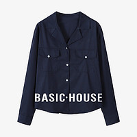 Basic House/百家好纯色通勤百搭早秋休闲风V领长袖开衫衬衫 深藏蓝 L