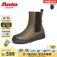 Bata 拔佳 切尔西靴女2024冬季英伦牛皮厚底通勤软底短筒靴ABN67DZ4 灰绿 38