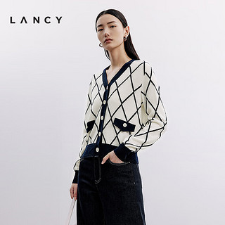 朗姿/LANCY2024秋季羊毛菱形格小香风针织开衫女v领长袖外套女 本白色 S