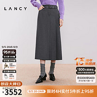 朗姿/LANCY24冬季深灰色直筒压褶半裙气质通勤长款半身裙女 深灰色 L