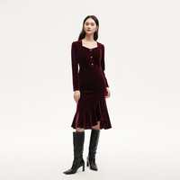 VEROMODA连衣裙2024秋季女装天鹅绒拼接网纱鱼尾长裙钻石领东方简奢风 长袖丝绒裙-威诺红色 180/96A/XXL