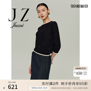 玖姿（JUZUI）轻熟风轻薄直筒针织衫女2024秋季JWDQ31222 花黑 3XL