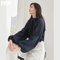 2024春秋装复古泡泡袖可拆蝴蝶结领口女式立领牛仔长袖衬衫