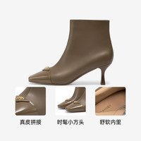 C.BANNER千百度蝴蝶扣式细高跟时装靴女2024冬季拼接羊皮短靴 深卡其色 37