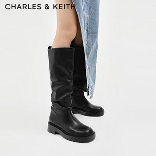 CHARLES&KEITH24秋季复古骑士靴堆堆靴平底长靴CK1-90360408 Black黑色 40