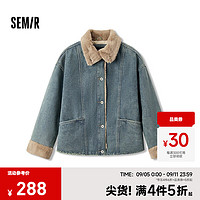 森马（Semir）牛仔棉服女拼接毛领美式复古2024冬宽松毛边夹克街头潮流 牛仔黄泥染80325 L 165/88A