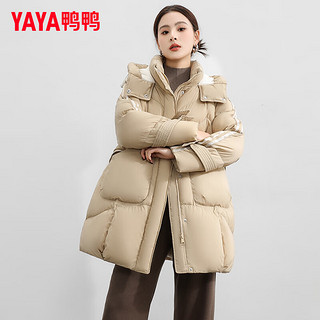 鸭鸭（YAYA）羽绒服女中长款2024年冬季新款韩版宽松条纹连帽加厚保暖外套HS