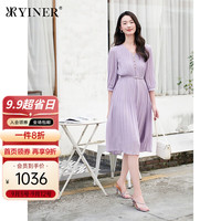 YINER音儿专选2024年秋季影儿女装优雅V领收腰七分袖百褶连衣裙 丁香紫