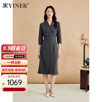 YINER音儿专选2024年秋季影儿女装弹力职场法式收腰西装连衣裙 烟灰