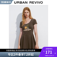 UR2024秋季新款女复古休闲撞色印花修身显瘦连衣裙UYL740007 深棕色