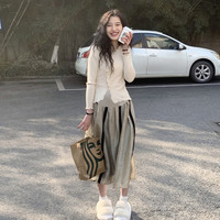 婧麒(JOYNCLEON)半身裙2024春秋季时尚设计感高腰显瘦托腹压褶A字长裙子 卡其色 XL