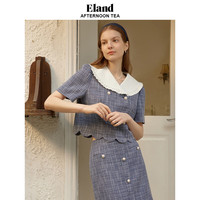 ELAND衣恋短袖上衣女撞色娃娃领大翻领设计感小香风夏季 藏青色(59)Navy M/165