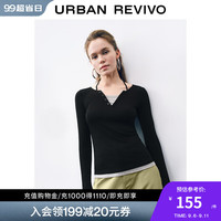 UR2024秋季新款女装时髦撞色假两件挂脖修身长袖T恤UWJ440095 黑色