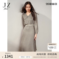 玖姿（JUZUI）商场同款新中式复古摩登收腰连衣裙女2024秋新款JWDQ50055 花黑