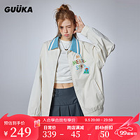 古由卡（GUUKA）潮牌撞色领口高级夹克女秋 时尚创意印花显瘦外套宽松百搭 米白 XL