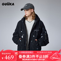 古由卡（GUUKA）废土风短款休闲连帽棉服男冬新款 时尚保暖舒适泼墨纯棉外套宽松 黑色