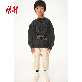 H&M2024秋季新款童装男童柔软拉绒宽松圆领印花图案卫衣1191498 黑色/SmileyWorld