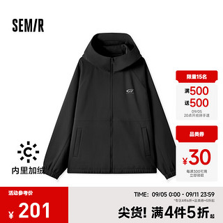 Semir 森马 外套男三防加绒2024摇粒绒连帽冬装宽松印花夹克简约百搭 黑色90001 170/88A/M