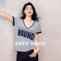 百家好(Basic House)Basic House/百家好休闲百搭假两件设计感夏季字母圆领短袖针织衫