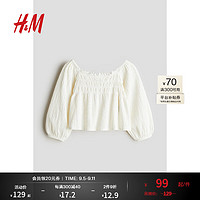 H&M2024秋季童装女童纯色柔软休闲汗布缩褶上衣1237466 白色 140/68 8-10Y