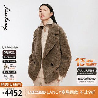 朗姿/LANCY2024冬季纯羊毛短款宽松翻领羊剪绒大衣毛呢外套女 橄榄绿色 XL