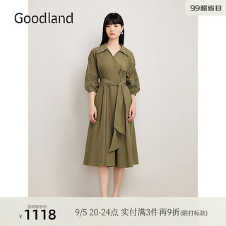 音儿（YINER）Goodland美地2024秋季蕾丝花边刺绣绉感衬衫连衣裙 军绿 36