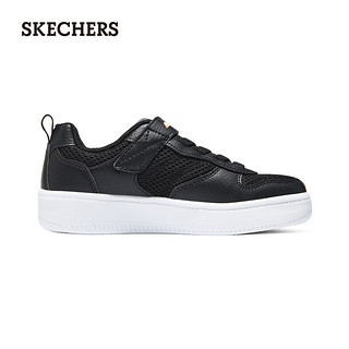 斯凯奇（Skechers）潮流男童休闲板鞋皮革拼接网布405698L 黑色/炭灰色/BKCC 33码