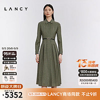 朗姿/LANCY24冬季老钱印花收腰衬衫裙长袖精致通勤连衣裙女 卡其绿色 M