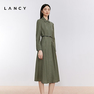 朗姿/LANCY24冬季老钱印花收腰衬衫裙长袖精致通勤连衣裙女 卡其绿色 3XL