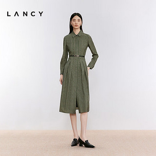 朗姿/LANCY24冬季老钱印花收腰衬衫裙长袖精致通勤连衣裙女 卡其绿色 3XL