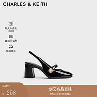 CHARLES&KEITH24秋季珍珠一字带法式小香风粗跟玛丽珍凉鞋CK1-61720205 Black Box黑色 35